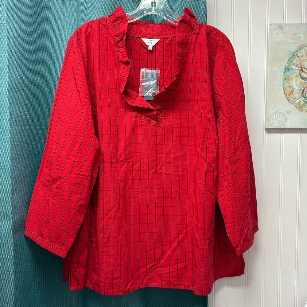 NWT Crown & Ivy Red and Blue Stripped 3/4 Length Top Red Highland Size 3X